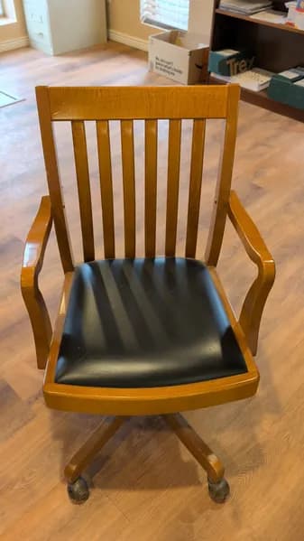 Wood Desk Chair with Black Leather Seat and Casters, primary view