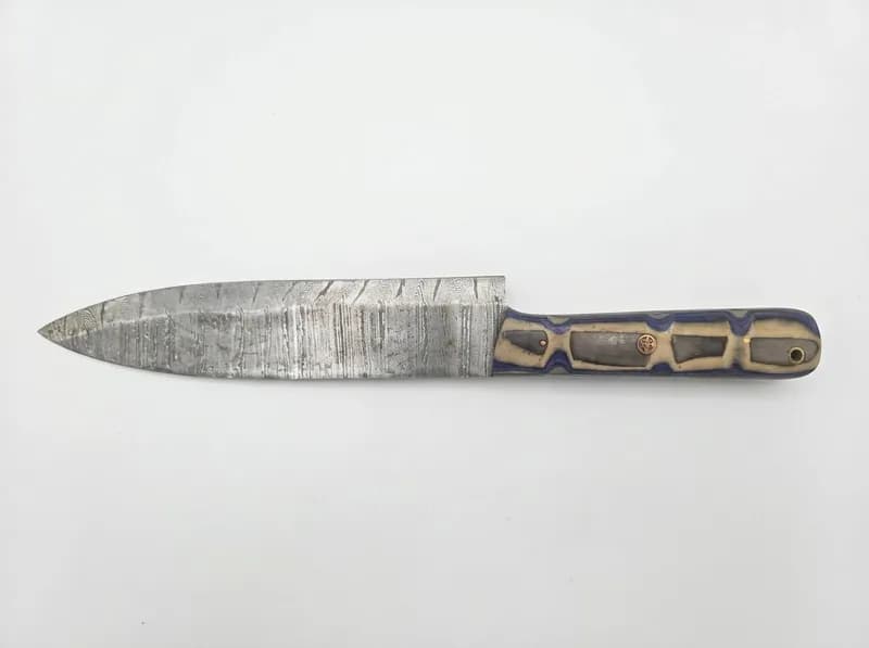 (56) Damascus Pattern Hunting & Folding Knives w/ Leather Sheaths | Free Shipping!, rear view